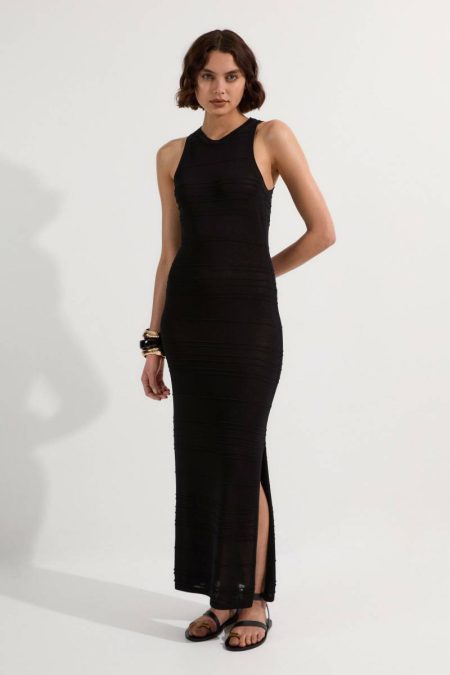 Women Lightweight Stitch Detail Knitted Dress Karen Millen Black Midi Dresses