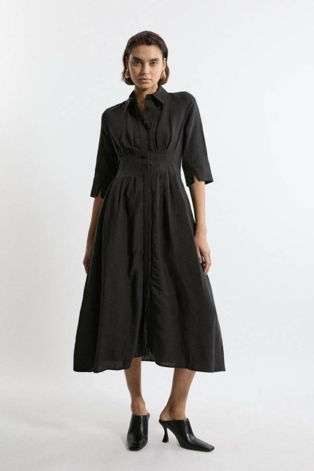 Women Lydia Millen Premium Tailored Linen Darted Waist Midi Dress Navy Midi Dresses Karen Millen