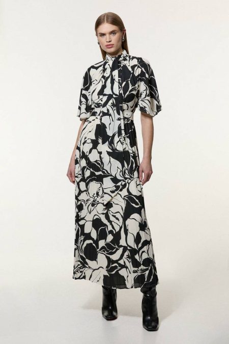 Women Maxi Dresses Black Karen Millen Georgette Tie Neck Pleated Woven Maxi Dress