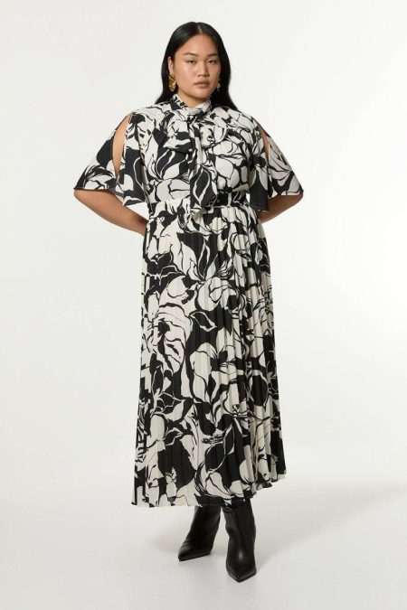 Women Maxi Dresses Black Karen Millen Plus Size Georgette Tie Neck Pleated Woven Maxi Dress