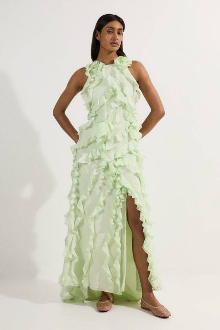 Women Maxi Dresses Embellished Ruffle Woven Maxi Dress Sage Karen Millen
