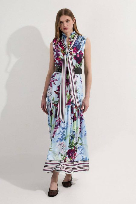 Women Maxi Dresses Floral Petite Floral Printed Tie Neck Woven Maxi Dress Karen Millen