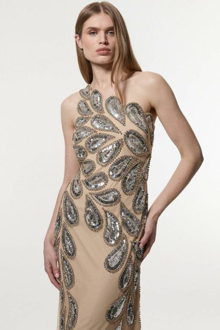 Women Maxi Dresses Gold Paisley Embellished One Shoulder Maxi Dress Karen Millen