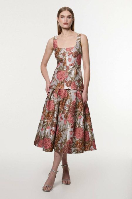 Women Maxi Dresses Karen Millen Floral Jacquard Strappy Full Skirted Tailored Maxi Dress Floral