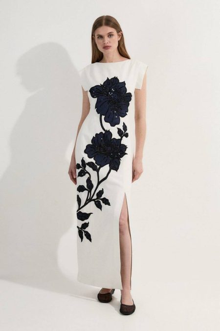 Women Maxi Dresses Karen Millen Navy Premium Summer Embellished Applique Tailored Maxi Dress