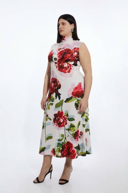 Women Maxi Dresses Karen Millen Plus Size Rose High Neck Drapey Crepe Jersey Maxi Dress Floral