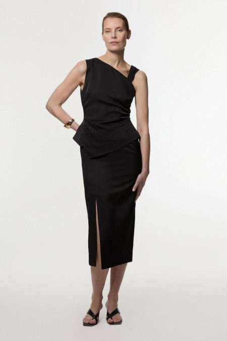 Women Maxi Dresses Karen Millen Premium Viscose Linen Asymmetric Neck Tailored Pencil Maxi Dress Taupe