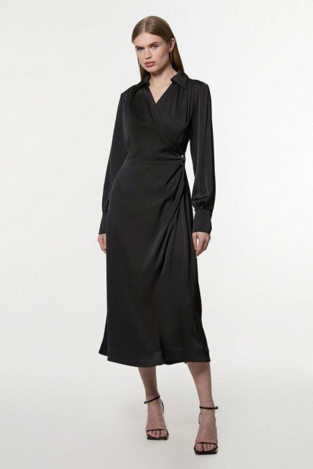 Women Maxi Dresses Karen Millen Satin Back Crepe Pearl Clasp Wrap Midi Dress Black