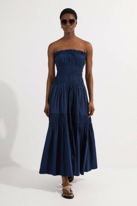 Women Maxi Dresses Karen Millen Shirred Cotton Tiered Bandeau Woven Maxi Dress Red