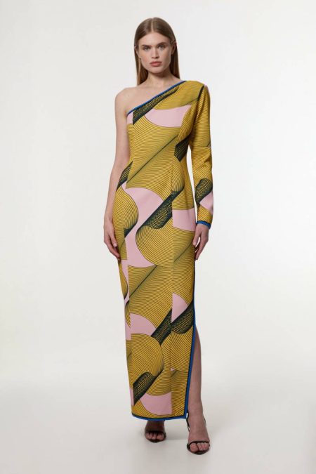 Women Maxi Dresses Karen Millen Yellow Amelia Graham Petite Printed Cady One Shoulder Maxi Dress