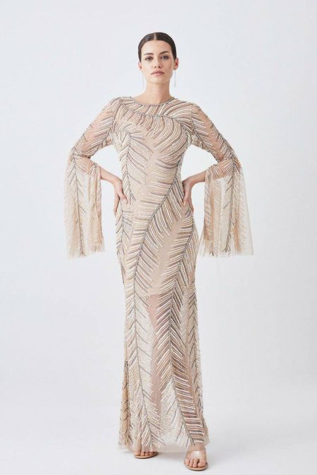 Women Maxi Dresses Petite Feather Crystal Embellished Maxi Dress Sage Karen Millen