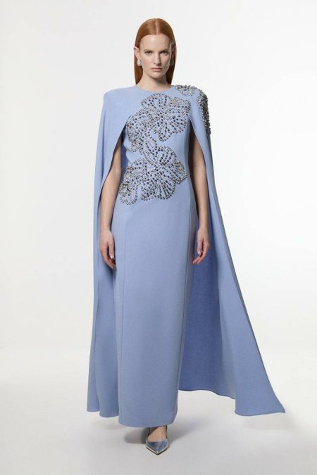 Women Maxi Dresses Petite Placed Floral Crystal Embellished Tailored Drama Cape Maxi Dress Karen Millen Pale Blue