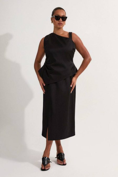Women Maxi Dresses Plus Size Premium Viscose Linen Asymmetric Neck Tailored Pencil Maxi Dress Karen Millen Black