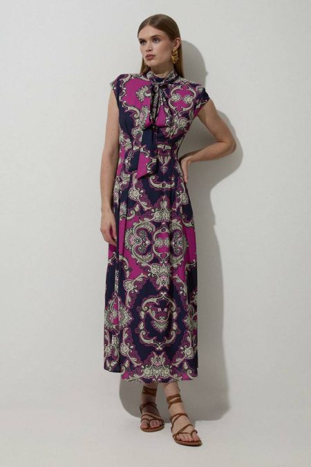 Women Maxi Dresses Tile Print Georgette Woven Sleeveless Pleated Maxi Dress Multi Karen Millen