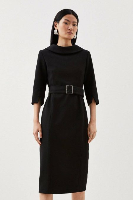 Women Midi Dresses Black Karen Millen Petite Tailored Structured Crepe Turtleneck Pencil Midi Dress