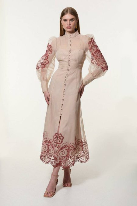 Women Midi Dresses Cream Karen Millen Organdie Embroidered Woven Midi Dress