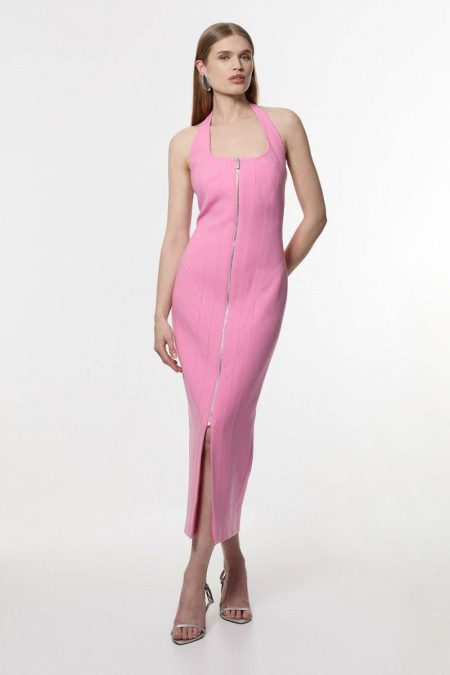 Women Midi Dresses Karen Millen Compact Stretch Tailored Zip Through Pencil Midi Dress Pink