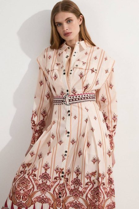 Women Midi Dresses Karen Millen Placed Print Cotton Sateen Shirt Dress Tan