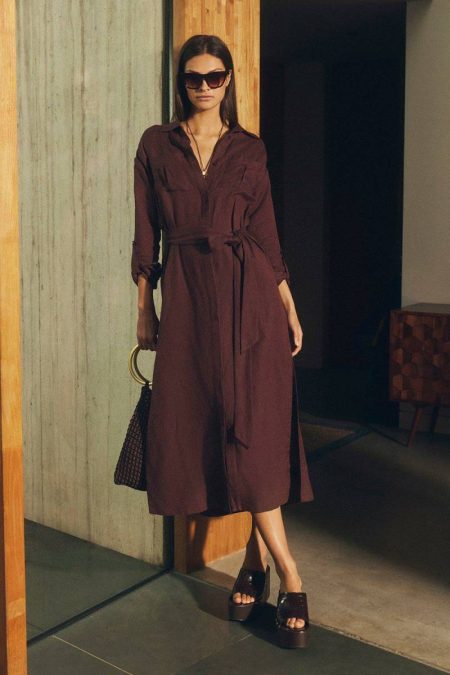 Women Midi Dresses Karen Millen Viscose Linen Woven Belted Shirt Midi Dress White