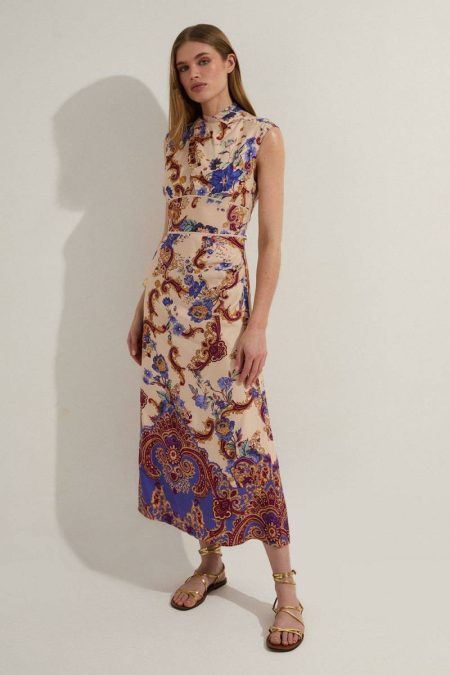 Women Midi Dresses Multi Karen Millen Petite Premium Viscose Linen Paisley Border Print Woven Midi Dress