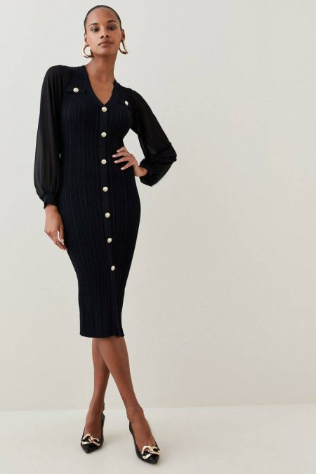 Women Military Rib Knit Georgette Sleeve Midi Dress Tailoring Karen Millen Olive
