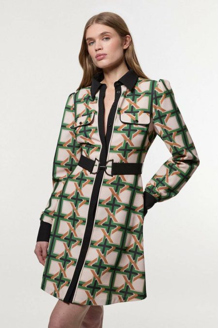 Women Mini Dresses Ivory Twill Tie Border Print Long Sleeve Woven Mini Dress Karen Millen