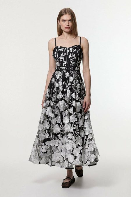 Women Mono Karen Millen Midi Dresses Floral Applique Corset Detail Woven Midi Dress