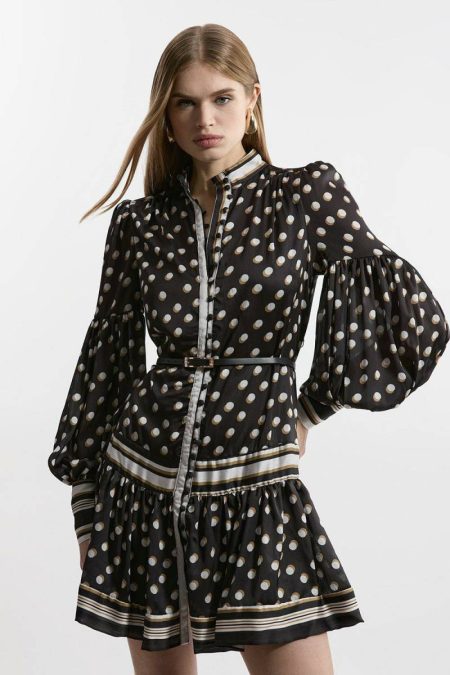 Women Mono Polka Dot Woven Balloon Sleeve Belted Mini Dress Tailoring Karen Millen