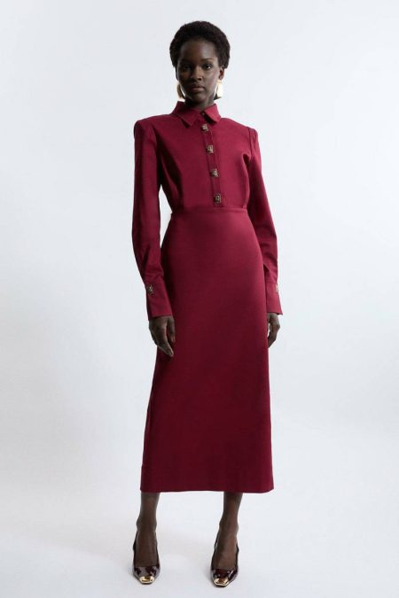 Women Mono Techno Cotton Woven Maxi Shirt Dress With Gold Clasps Maxi Dresses Karen Millen