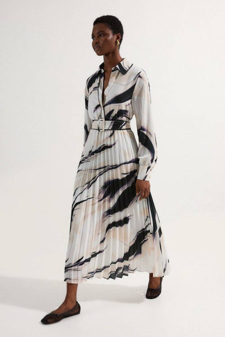 Women Multi Karen Millen Midi Dresses Printed Georgette Belted Pleated Woven Midi Dress