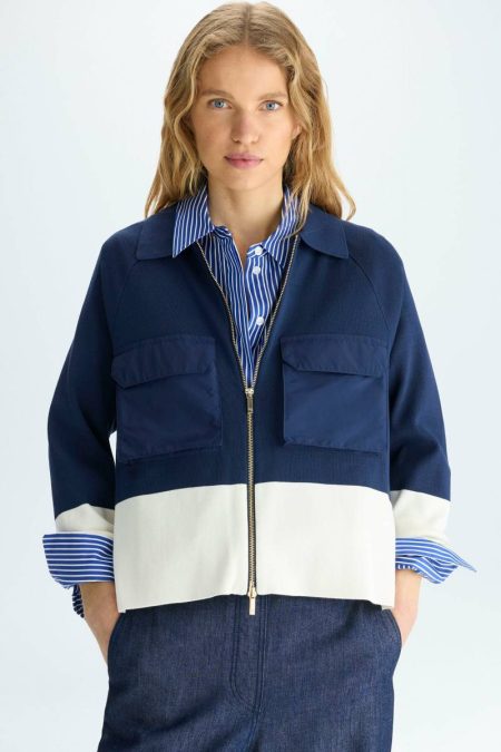 Women Navy/Ecru Jackets Purificacion Garci Technical Pockets Stretch Knit A-Line Jacket