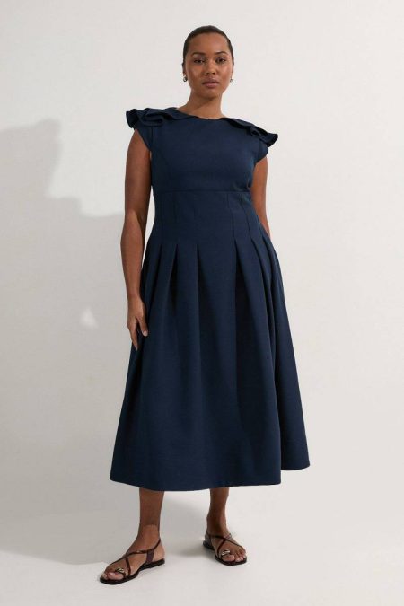 Women Navy Karen Millen Midi Dresses Plus Size Structured Crepe Ruffle Shoulder Tailored Full Skirted Midi Dress