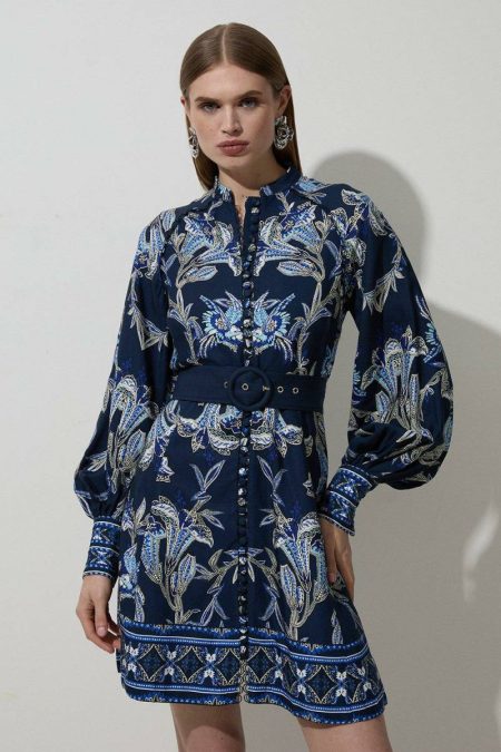 Women Navy Karen Millen Mini Dresses Viscose Linen Mirrored Floral Belted Woven Mini Dress