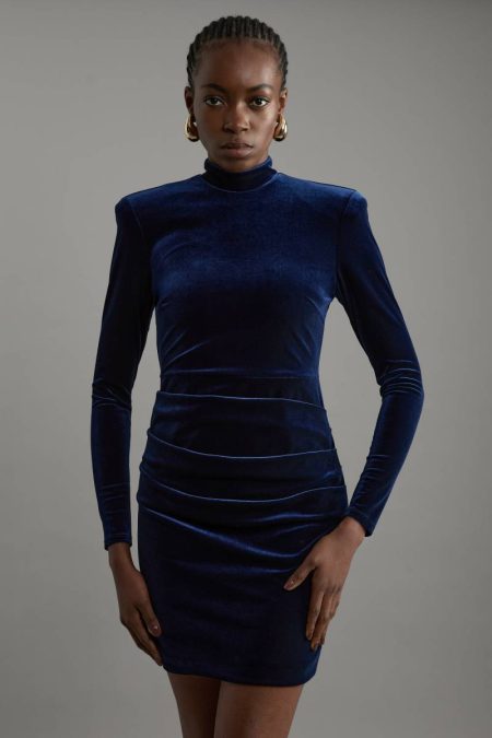 Women Navy Karen Millen Tailoring Petite Tailored Velvet High Neck Mini Dress