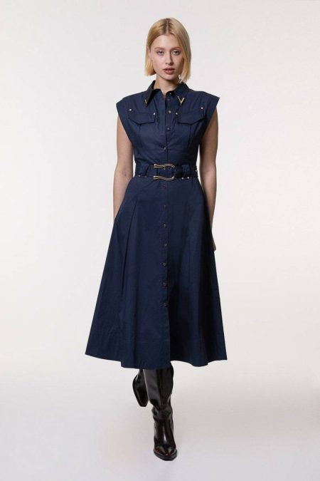 Women Navy Midi Dresses Cotton Sateen Utility Top Stitch Detail Belted Woven Dress Karen Millen