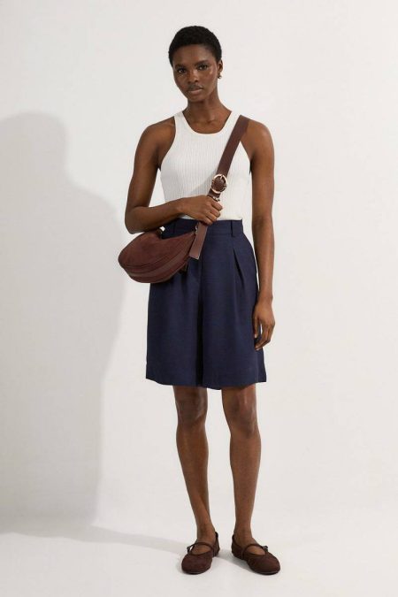 Women Navy Shorts Premium Viscose Linen Belted Woven City Short Karen Millen