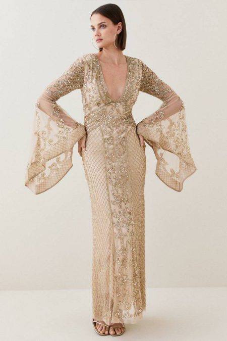 Women Nude Karen Millen Embellished Kimono Sleeve Beaded Woven Maxi Dress Maxi Dresses