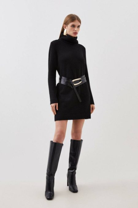 Women Oatmeal Tailoring Wool Blend Cosy Turtleneck Knit Dress Karen Millen