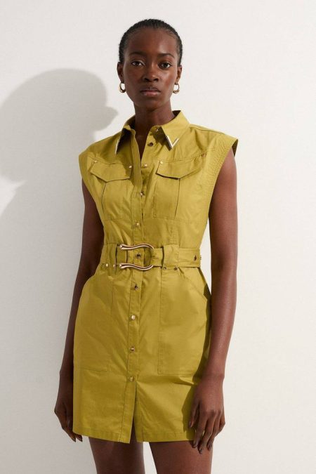 Women Olive Karen Millen Cotton Sateen Utility Top Stitch Detail Woven Dress With Gold Hardware Mini Dresses