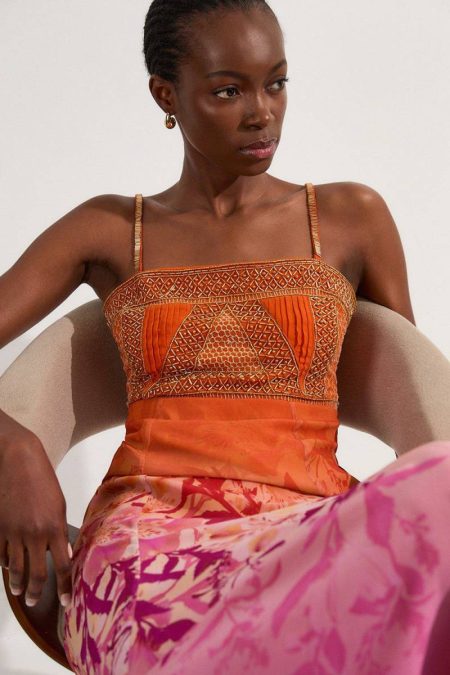 Women Orange Karen Millen Maxi Dresses Petite Embellished Ombre Floral Pleated Woven Bandeau Maxi Dress