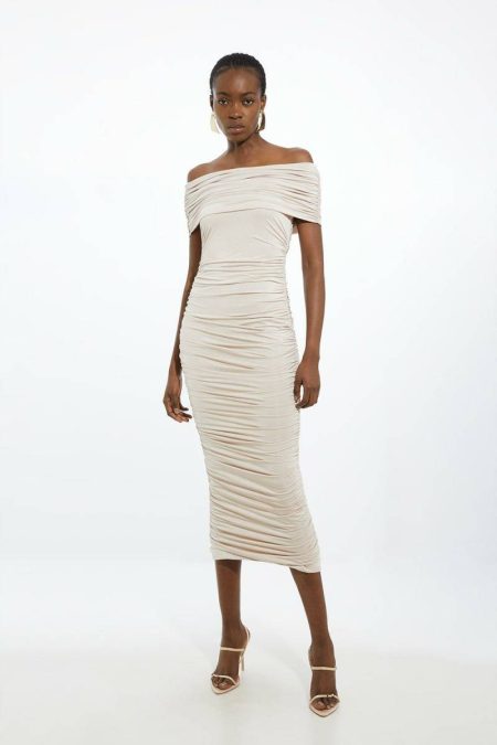 Women Oyster Karen Millen Drapey Slinky Jersey Off The Shoulder Maxi Dress Tailoring
