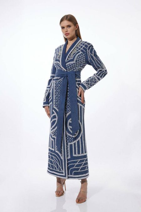 Women Pearl Embellished Woven Denim Maxi Blazer Dress Blue Maxi Dresses Karen Millen