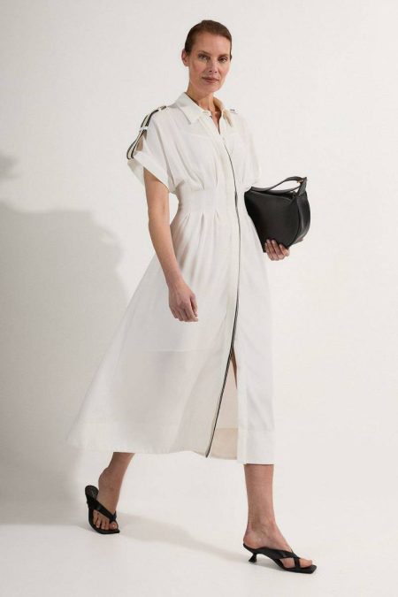 Women Petite Crepe Woven Shirt Dress With Contrast Stripe Trim Maxi Dresses Karen Millen Ivory