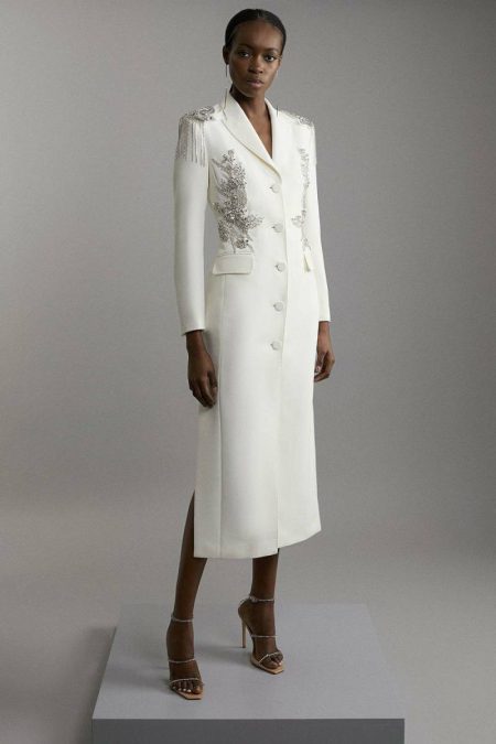 Women Petite Crystal Embellished Tailored Tuxedo Blazer Midaxi Dress Karen Millen Ivory Tailoring