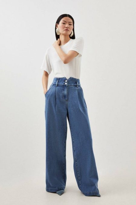 Women Petite Denim Indigo Wide Leg Pants Indigo Denim Karen Millen