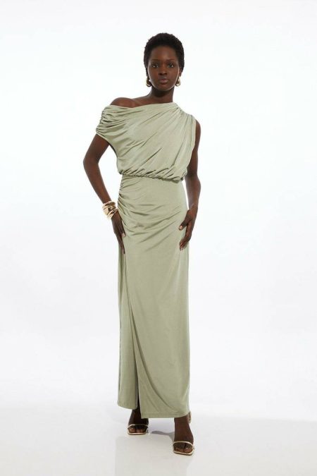Women Petite Drapey Slinky Jersey Off The Shoulder Maxi Dress Karen Millen Tailoring Sage