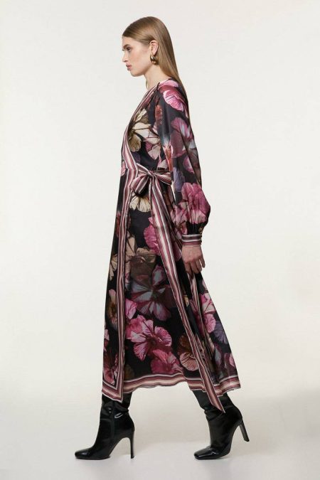 Women Petite Floral Border Print Woven Maxi Wrap Dress Tailoring Black Karen Millen