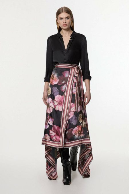 Women Petite Floral Border Print Woven Wrap Midi Skirt Black Karen Millen Skirts
