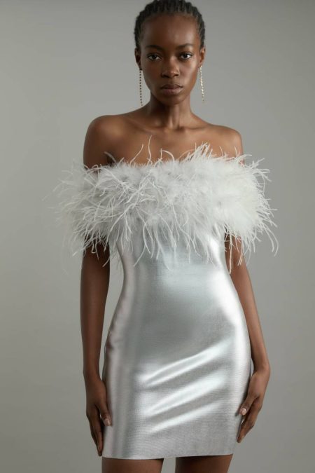 Women Petite Foiled Figure Form Bandage Knit Feather Off The Shoulder Mini Dress Karen Millen Silver Tailoring