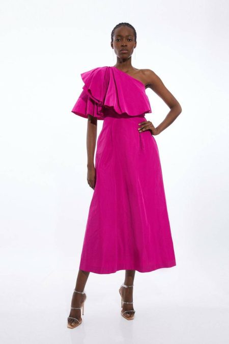 Women Petite Taffeta One Shoulder Ruffle Midi Dress Midi Dresses Hot Pink Karen Millen